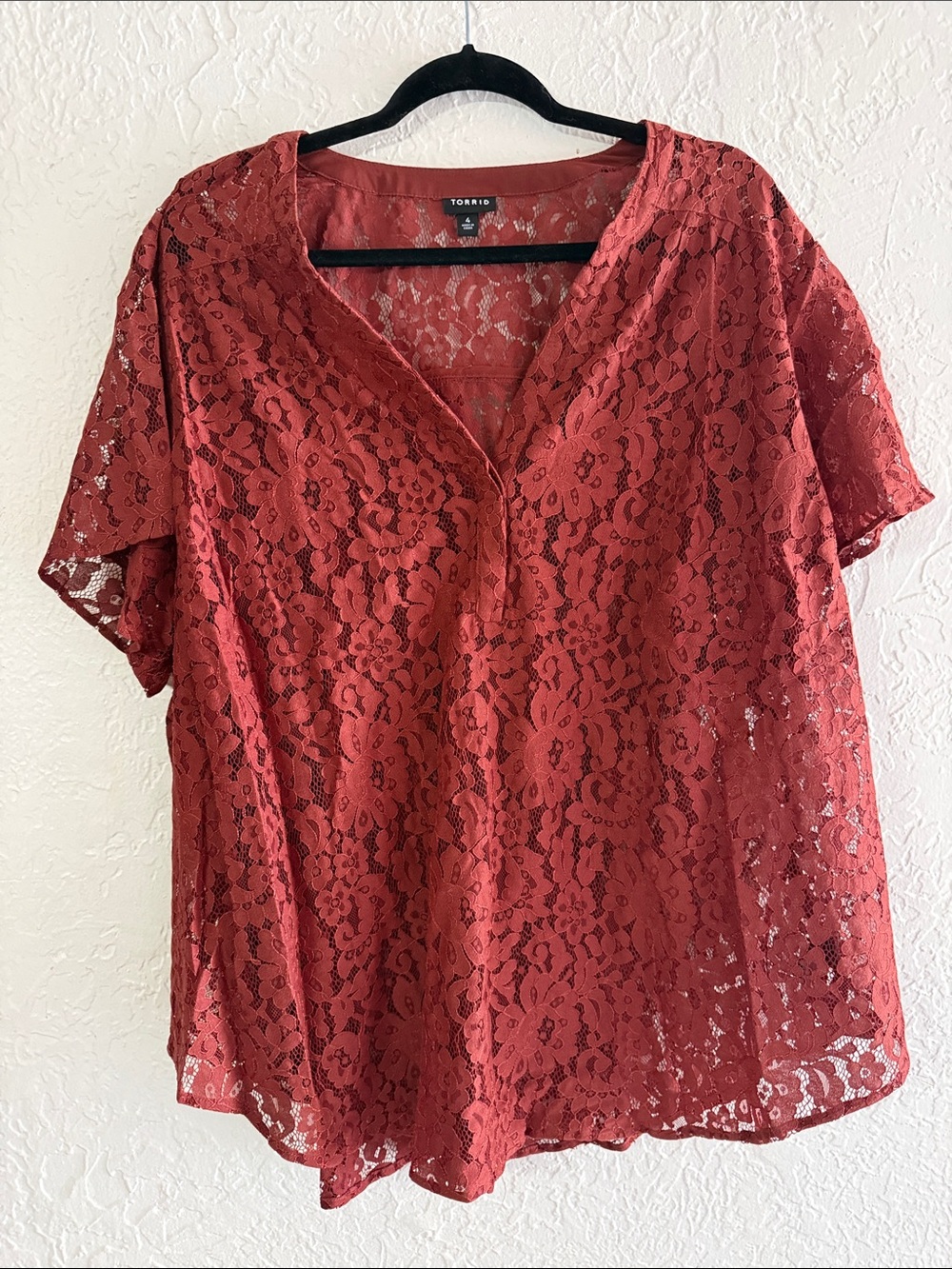 torrid Brick Red Floral Lace V-Neck Blouse